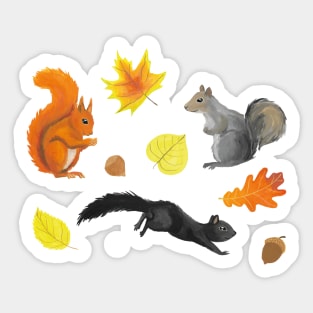 Cute squirrels in a forest pattern: red, black, and gray on a green background Sticker